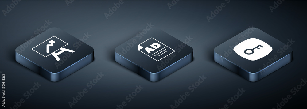 Set Isometric Board with graph chart, Key and Advertising icon. Vector Set Isometric Board with graph chart, Key and Advertising icon. Vector