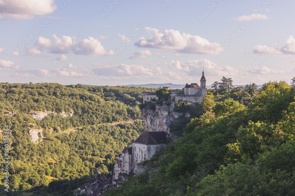 Mecca for pilgrims Rocamadour settlement is famous for its historical monuments and its sanctuary of Blessed Virgin Mary, top and middle village levels. Lot, Occitania, Southwestern France