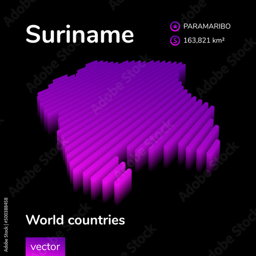 Suriname 3D map. Stylized neon simple digital isometric striped vector Map of Suriname is in violet colors on black background. Educational banner
