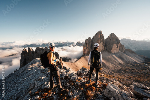 Dolomites, Three Peaks of Lavaredo. Italian Dolomites with famous Three Peaks of Lavaredo, Tre Cime , South Tyrol, Italy,..People climbing on a via ferrata route paternkofel. photo