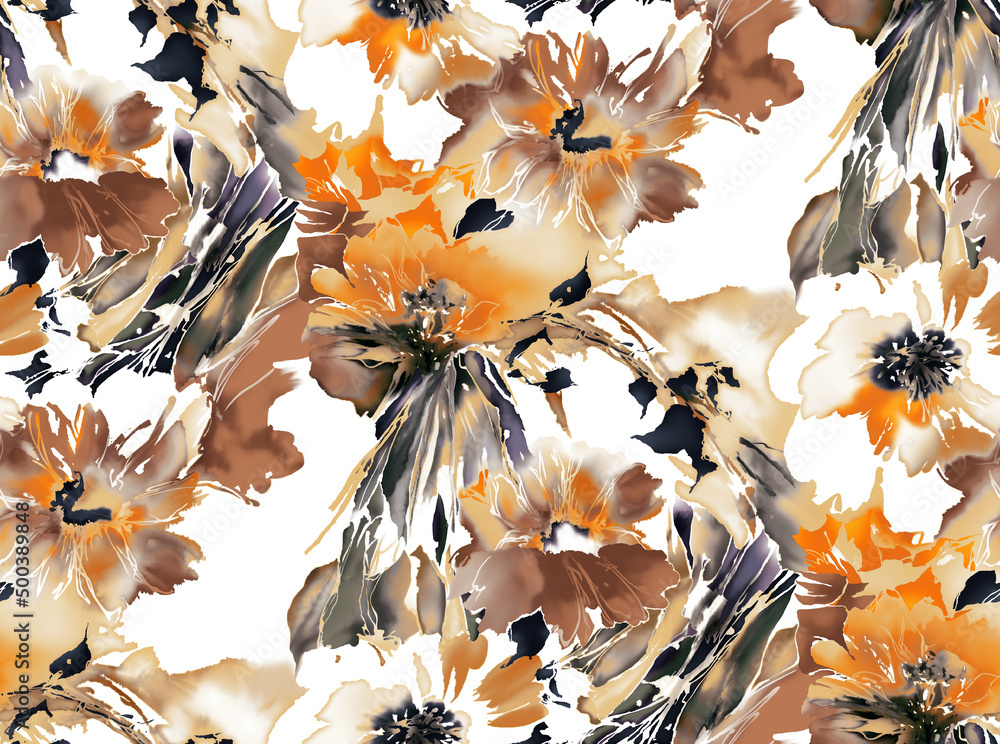 Seamless watercolor effect flowers pattern, floral illustration. Fabric