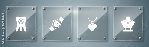 Set Necklace on mannequin, with heart shaped pendant, Wrist watch and Tooth diamond. Square glass panels. Vector