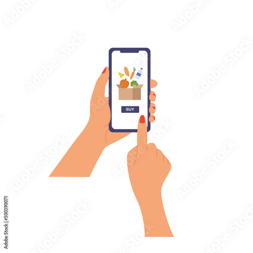 Order food online. Hand holding smartphone with food on the screen. Flat vector illustration.