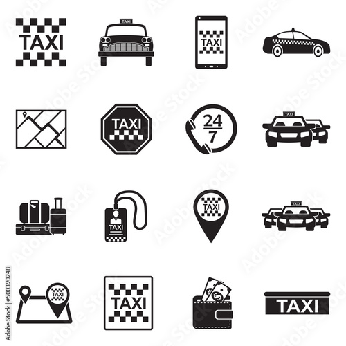 Taxi Service Icons. Black Flat Design. Vector Illustration.