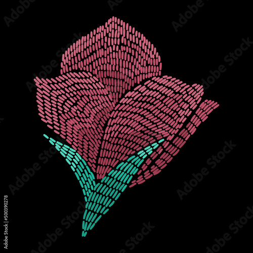 Embroidery beautiful flower constructor. Vector handmade floral ornament on dark background. Embroidery for fashion products. Elegant tiled design, best for print fabric or papper and more