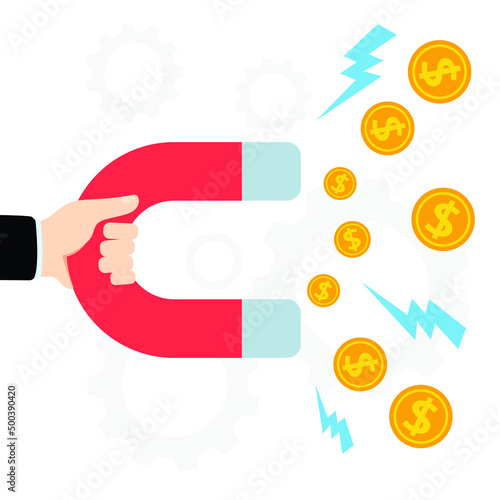 Hand holding magnet. Magnet Attracting Cash Money.