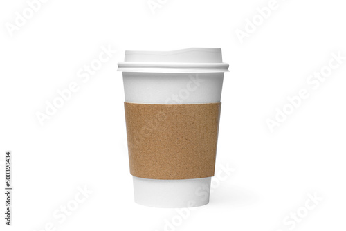 Small White Paper Cup of Coffee with brown Sleeve and Lid Isolated on white background with Shadow