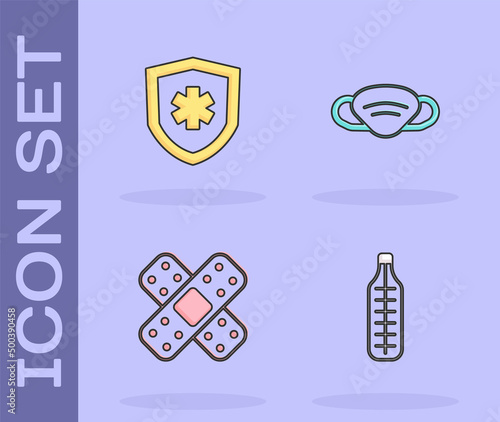 Set Medical thermometer, Life insurance, Crossed bandage plaster and protective mask icon. Vector