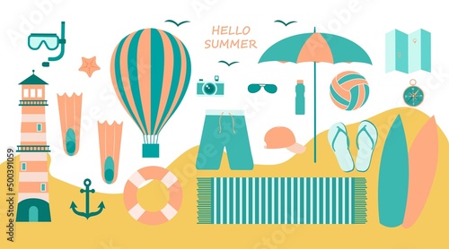 Hello summer. Vacation and travel elements set