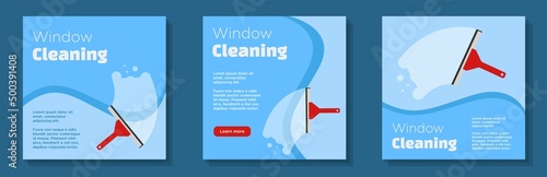 Window cleaning service social media post, banner set, glass washing advertisement concept, blue cleansing tools marketing square ad, abstract print, isolated on background