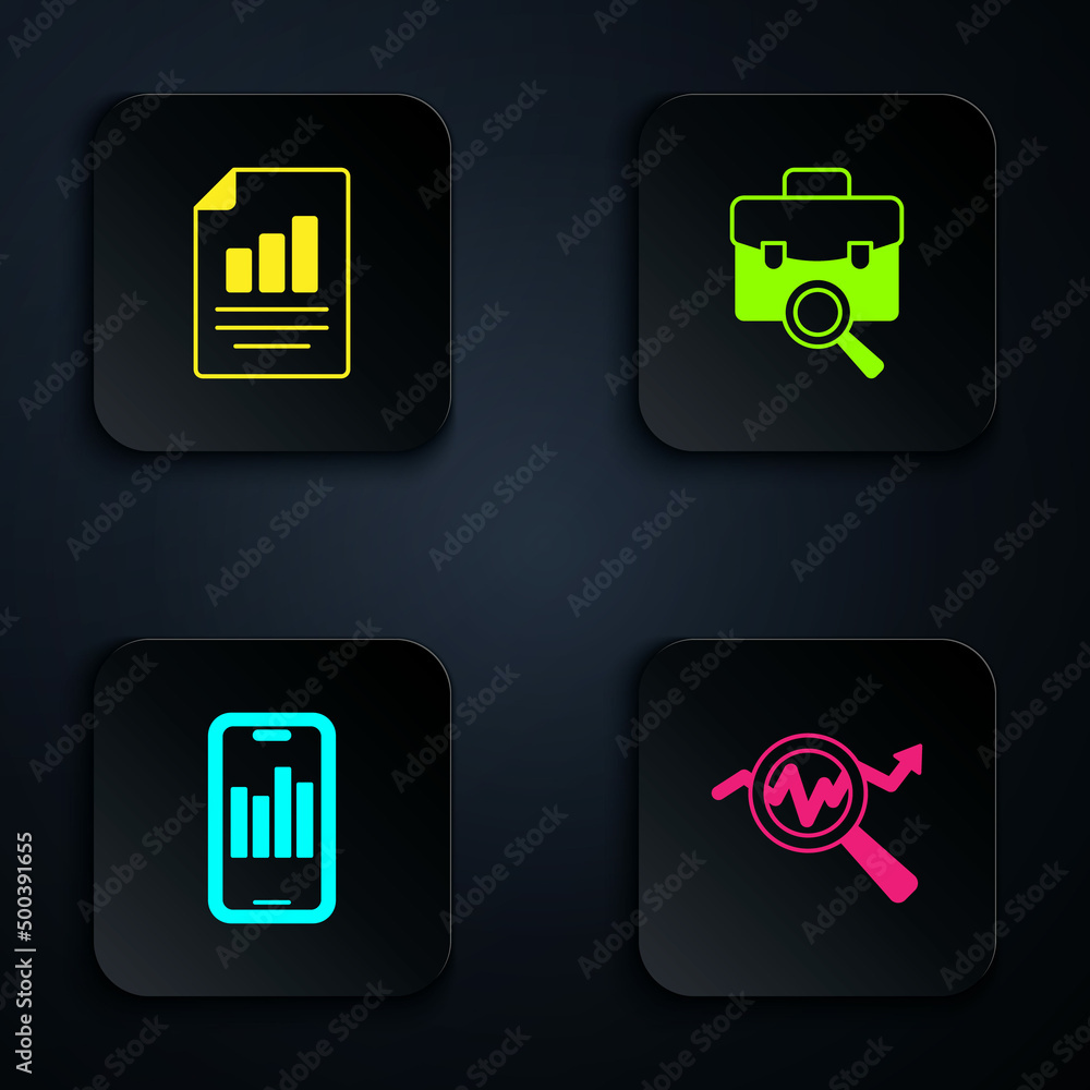 Set Search data analysis, Document with graph chart, Mobile and Work search. Black square button. Vector Set Search data analysis, Document with graph chart, Mobile and Work search. Black square button. Vector