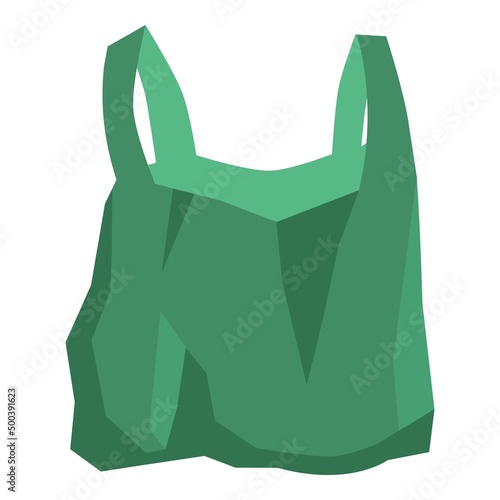Green plastic shopping bag. Empty disposable package for supermarket and garbage. Used and new polythene pack, packet purchases. Realistic flat cartoon vector illustrations isolated white background