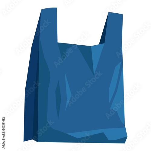 Blue plastic shopping bag. Empty disposable package for supermarket and garbage. Used and new polythene pack, packet for purchases. Realistic flat cartoon vector illustrations isolated on background