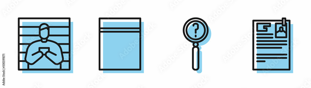 Set line Magnifying glass with search, Suspect criminal, Plastic bag with ziplock and Lawsuit paper icon. Vector Set line Magnifying glass with search, Suspect criminal, Plastic bag with ziplock and Lawsuit paper icon. Vector