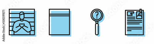 Set line Magnifying glass with search, Suspect criminal, Plastic bag with ziplock and Lawsuit paper icon. Vector