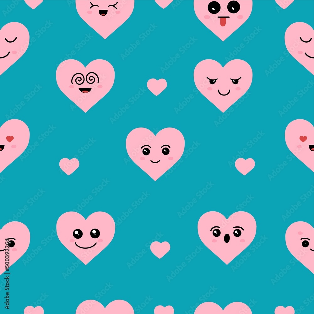 Kawaii hearts, set of cute emoji icons, stickers. Hand drawn emotional cartoon characters. Cute love characters with different faces, funny positive emotions. Blue background.