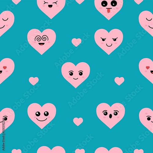 Kawaii hearts, set of cute emoji icons, stickers. Hand drawn emotional cartoon characters. Cute love characters with different faces, funny positive emotions. Blue background.