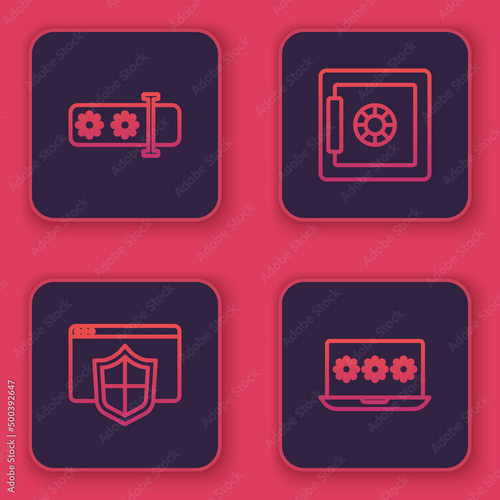 Set line Password protection, Browser with shield, Safe and Laptop password. Blue square button. Vector Set line Password protection, Browser with shield, Safe and Laptop password. Blue square button. Vector
