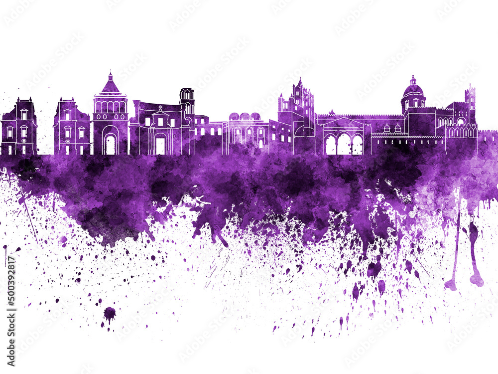 Palermo skyline in purple watercolor on white background