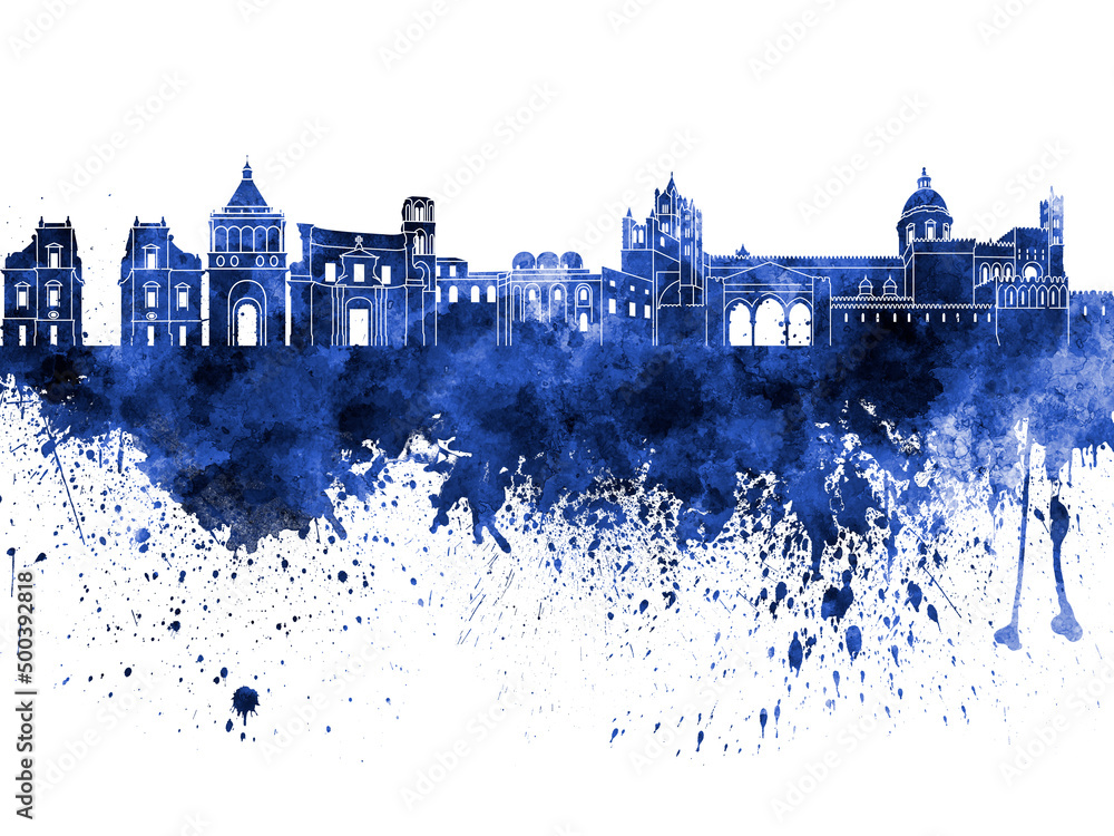 Palermo skyline in blue watercolor on white background