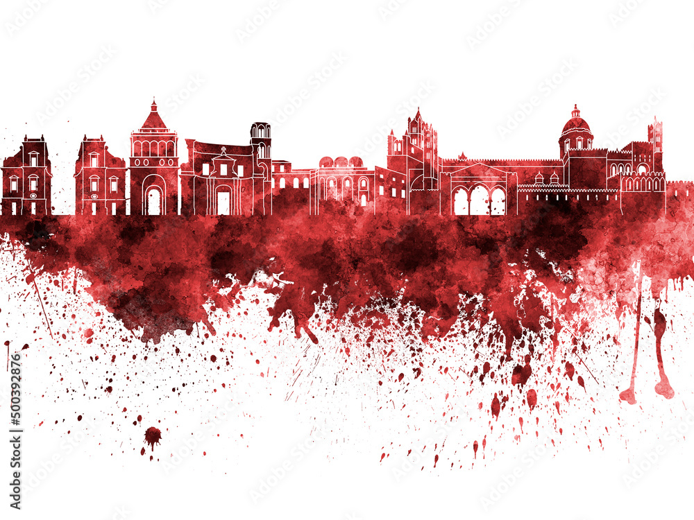 Palermo skyline in red watercolor on white background