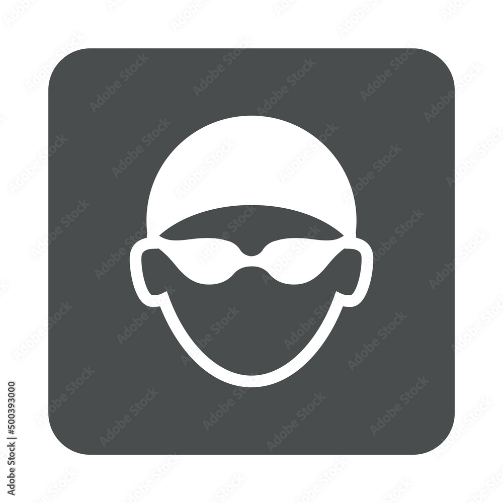 Logotipo piscina. Icono plano silueta de cabeza de nadador con sombrero de natación y gafas protectoras en cuadrado color gris Logotipo piscina. Icono plano silueta de cabeza de nadador con sombrero de natación y gafas protectoras en cuadrado color gris
