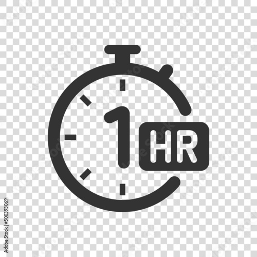 1 hour clock icon in flat style. Timer countdown vector illustration on isolated background. Time measure sign business concept.