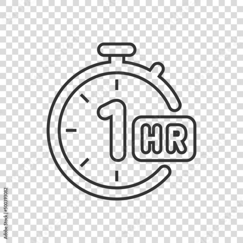 1 hour clock icon in flat style. Timer countdown vector illustration on isolated background. Time measure sign business concept.