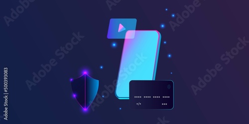 Drawing Mobile phone and bank card, shield, bank card symbol of payment, shield symbol of protection. Secure transaction via mobile app. Vector illustration.