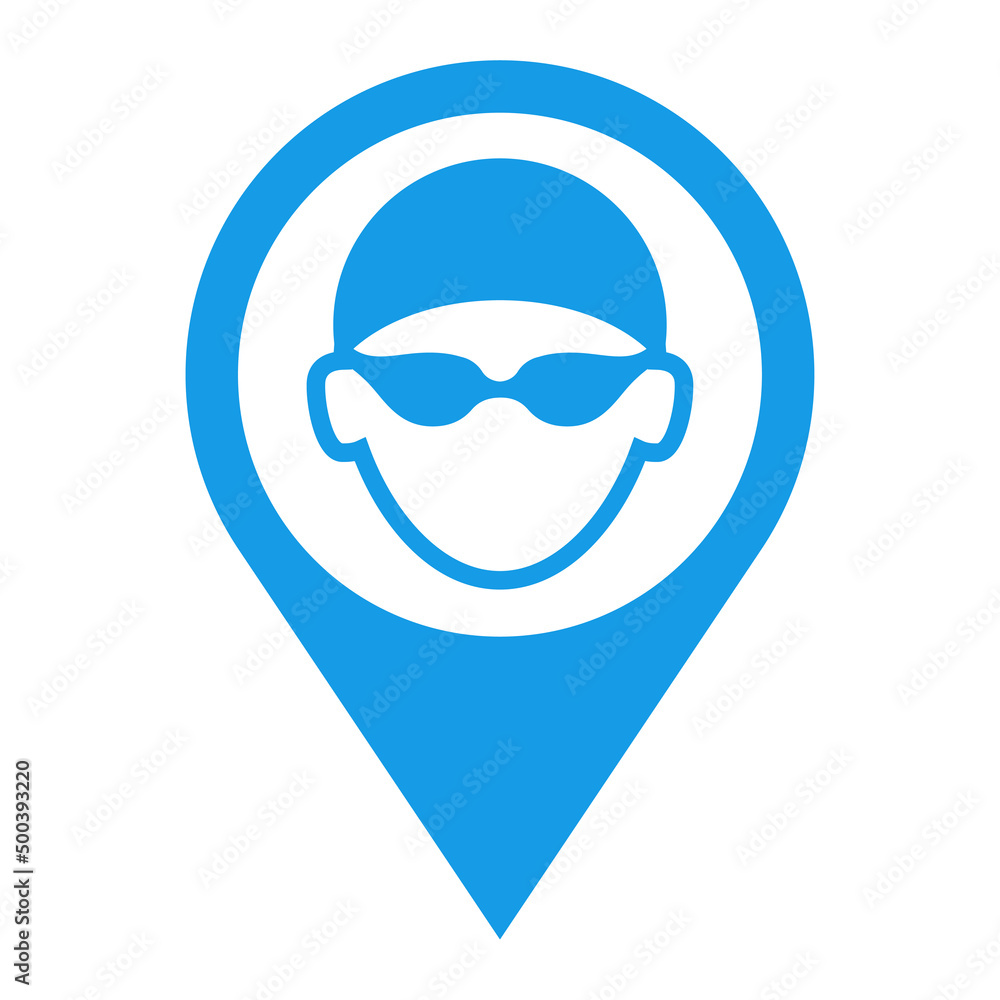 Logotipo piscina. Icono plano silueta de cabeza de nadador con sombrero de natación y gafas protectoras en puntero de posición color azul Logotipo piscina. Icono plano silueta de cabeza de nadador con sombrero de natación y gafas protectoras en puntero de posición color azul
