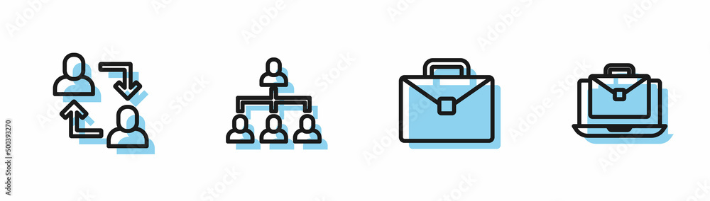 Set line Briefcase, Project team base, Hierarchy organogram chart and Online working icon. Vector Set line Briefcase, Project team base, Hierarchy organogram chart and Online working icon. Vector