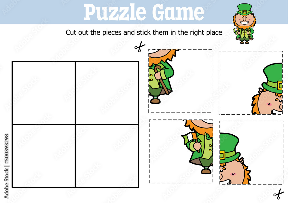 Fototapeta premium Vector educational kids puzzle game to cut and stick pieces with cartoon Leprechaun character