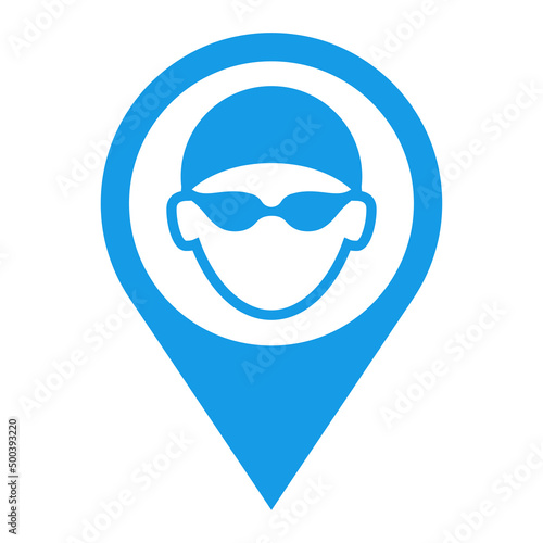 Free Download Logotipo piscina. Icono plano silueta de cabeza de nadador con sombrero de natación y gafas protectoras en puntero de posición color azul - GFXLoad