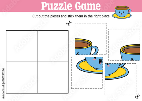 Vector educational kids puzzle game to cut and stick pieces with cartoon cup character
