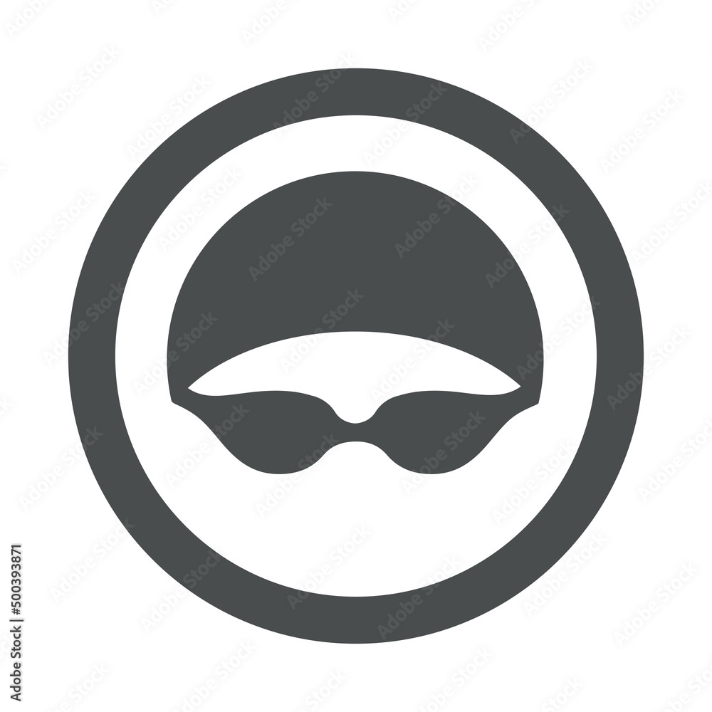 Logotipo piscina. Icono plano silueta de cabeza de nadador con sombrero de natación y gafas protectoras en círculo color gris Logotipo piscina. Icono plano silueta de cabeza de nadador con sombrero de natación y gafas protectoras en círculo color gris