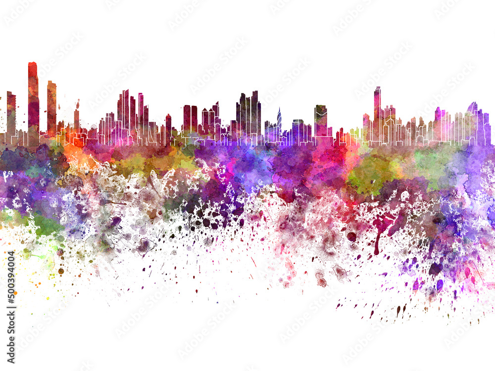 Panama City skyline in watercolor on white background