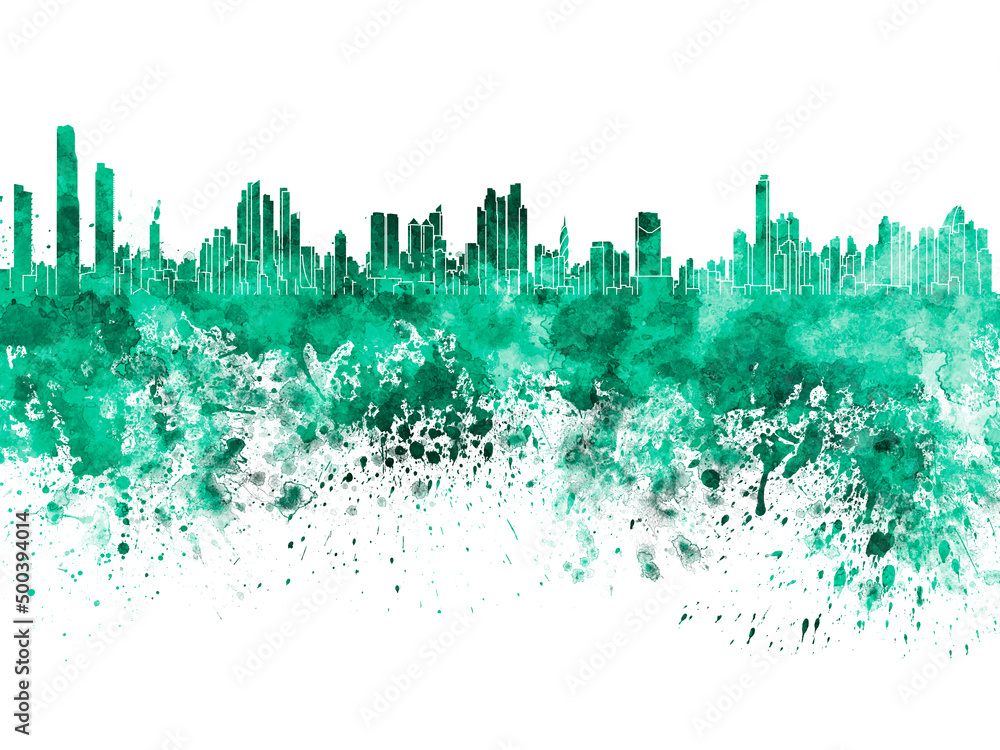 Obraz premium Panama City skyline in green watercolor on white background