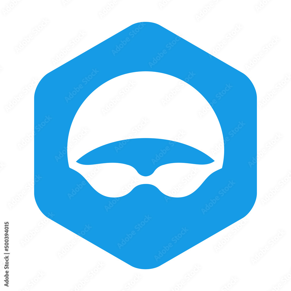 Logotipo piscina. Icono plano silueta de cabeza de nadador con sombrero de natación y gafas protectoras en hexágono color azul Logotipo piscina. Icono plano silueta de cabeza de nadador con sombrero de natación y gafas protectoras en hexágono color azul