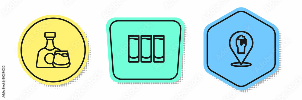 Set line Whiskey bottle and glass, Shot and Alcohol or beer bar location. Colored shapes. Vector