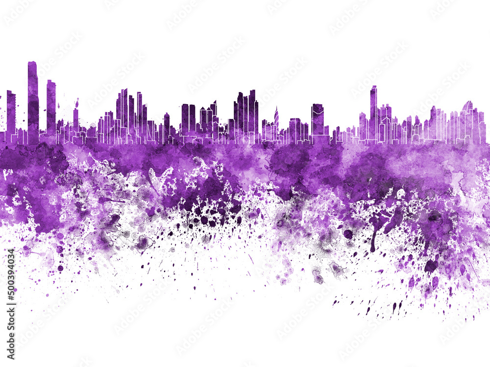Panama City skyline in purple watercolor on white background Panama City skyline in purple watercolor on white background