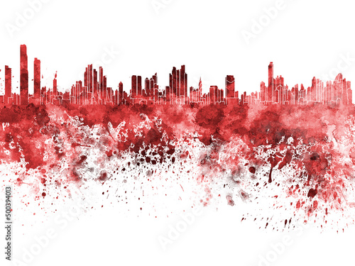Panama City skyline in red watercolor on white background