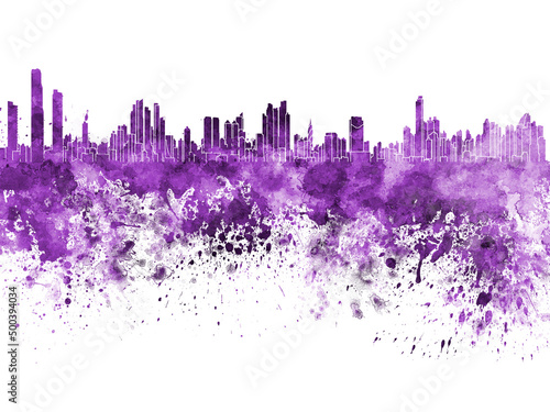 Panama City skyline in purple watercolor on white background