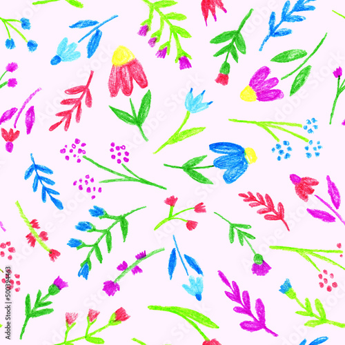 Seamless pattern multicolored flowers pencil texture chaotic composition