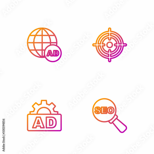 Set line SEO optimization, Advertising, and Target. Gradient color icons. Vector