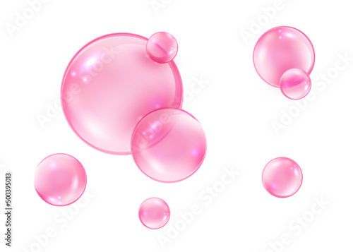 Pink bubbles on white background. Collagen bubbles. Fizzy sparkles. Bubble gum photo