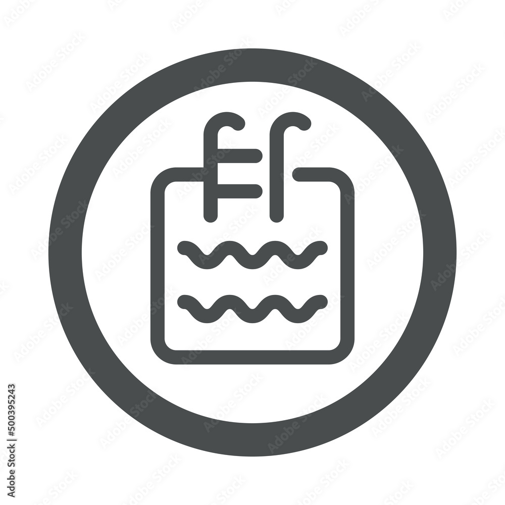 Logo Swimming Pool. Icono plano con silueta de piscina de forma de cuadrado con olas con líneas en círculo color gris Logo Swimming Pool. Icono plano con silueta de piscina de forma de cuadrado con olas con líneas en círculo color gris