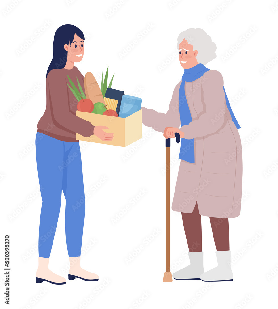 Fototapeta premium Old woman expressing thankfulness to volunteer semi flat color vector characters. Standing figures. Full body people on white. Simple cartoon style illustration for web graphic design and animation