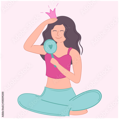 Vector illustration girl self love admiring yourself in the mirror with crown.