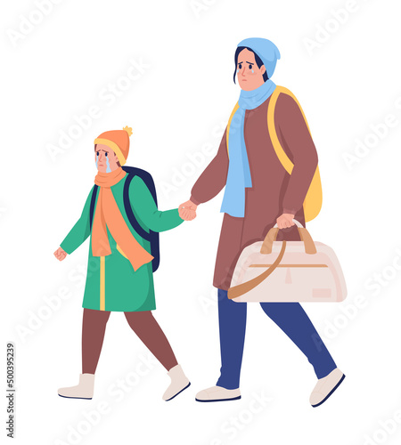 Mother with son running away from war semi flat color vector characters. Crying figures. Full body people on white. Simple cartoon style illustration for web graphic design and animation