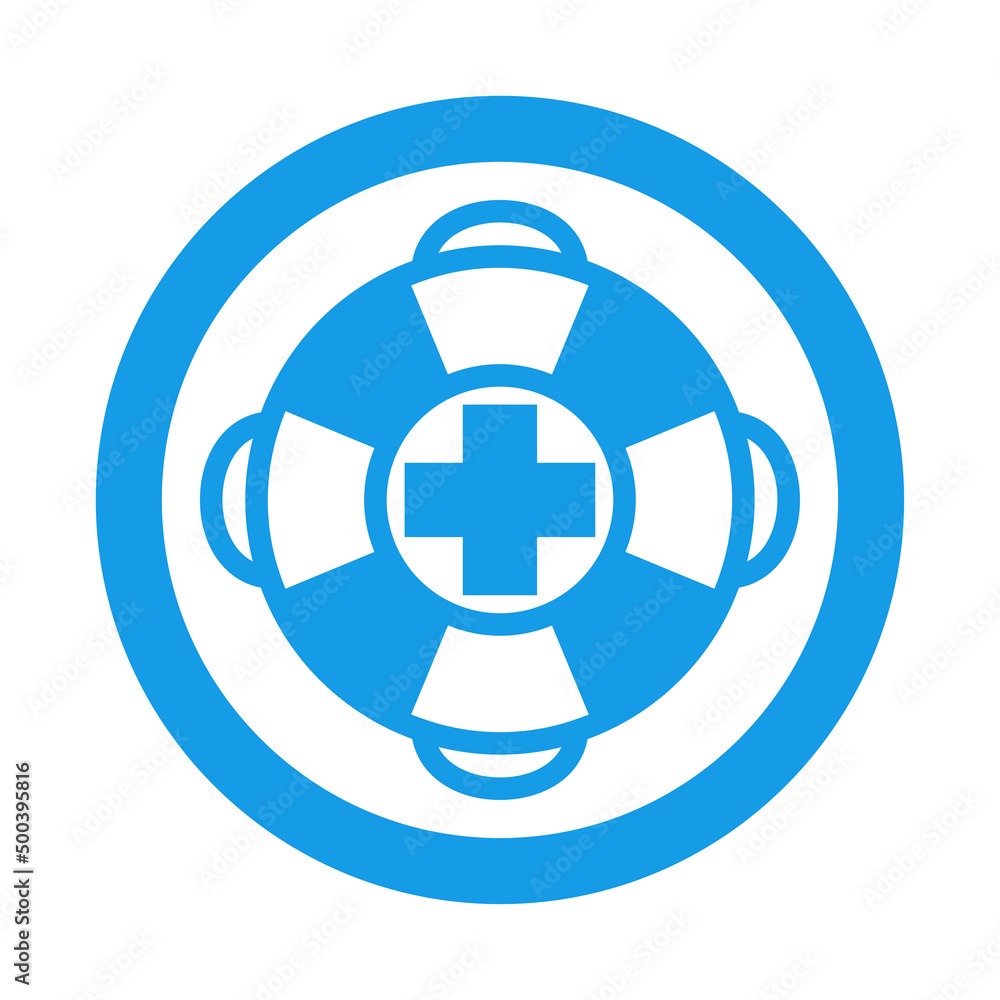 Logotipo salvamento. Icono plano silueta de anillo salvavidas con cruz en círculo color azul Logotipo salvamento. Icono plano silueta de anillo salvavidas con cruz en círculo color azul